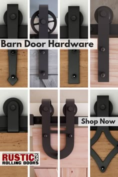 the different types of barn door hardware are shown in multiple pictures, including black and white