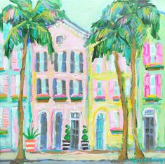 a painting of two palm trees in front of a pink building