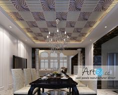 the dining room is decorated in white and black with a chandelier hanging from the ceiling