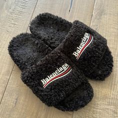 Faux Fur Upper With Rubber Sole Made In Italy Political Campaign Artwork Embroidered On Upper Contoured Footbed Round Toe Balenciaga Slippers, Dude Outfits, Balenciaga Slides, Shoes Balenciaga, Black Balenciaga, Mens Slides, Balenciaga Black, Balenciaga Mens, Balenciaga Shoes