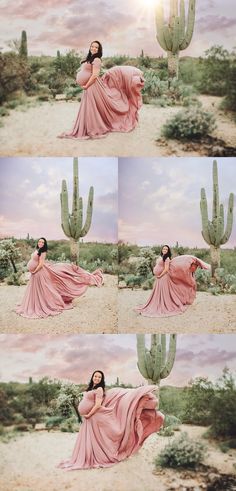 a woman in a long pink dress sitting on top of a desert ground next to a cactus