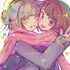 two girls hugging each other with their arms around one another and stars on the background