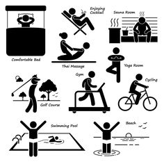 black and white signs showing different activities for people to do in the park or swimming pool