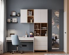 a room with a desk, chair and bookshelf on the wall in it