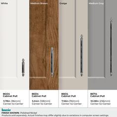 the different types of cabinet doors with measurements and finishes for each door in this image