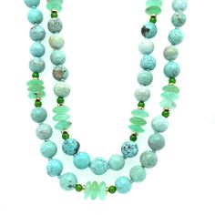 Beautiful greenish blue turquoise is paired with bright chrome diopside and elegant chrysoprase in this pretty necklace that is perfect for all seasons! The 8mm round turquoise has lovely color and subtle veining that gives each bead its own character and beauty. Translucent chrysoprase in shades of tranquil blues and greens complement the softer colors of the turquoise, while bright emerald-hued chrome diopside accentuate the green tones and add eye-catching pops of color. 14k yellow gold accen Luxury Round Beads Turquoise Gemstone Necklace, Luxury Turquoise Gemstone Beaded Necklaces, Luxury Turquoise Necklace With Round Gemstone Beads, Luxury Turquoise Gemstone Beads Necklace For Women, Luxury Turquoise Polished Beaded Necklaces, Luxury Turquoise Necklace With Round Beads, Luxury Gemstone Necklaces With Round Beads, Luxury Gemstone Necklace With Round Beads, Luxury Round Gemstone Beaded Necklace