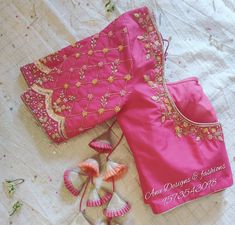 Bridal Blouse Patterns, Pink Kanchi Pattu Saree, Cold Shoulder Blouse Designs, Embroidery Butta, Maggam Designs, Pink Blouse Designs, Heavy Blouse, Blouse Works, Saree Tassels Designs