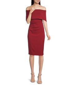 Vince Camuto Off-the-Shoulder Short Sleeve Fold Over Ruched Waist Sheath Dress | Dillard's Off-shoulder Midi Dress With Ruched Bodice, Formal Off Shoulder Dress With Straight Neckline, Sleeveless Ruched Off Shoulder Dress For Formal Occasions, Ruched Sleeveless Off-shoulder Evening Dress, Ruched Sleeveless Off Shoulder Dress For Formal Events, Ruched Sleeveless Off Shoulder Evening Dress, Elegant Knee-length Ruched Off Shoulder Dress, Elegant Stretch Ruched Off-shoulder Dress, Elegant Ruched Stretch Off Shoulder Dress