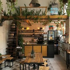 the inside of a restaurant with tables, benches and potted plants hanging from the ceiling