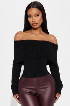 Available In Black, Red, And Ivory. Pullover Sweater Long Sleeve Off Shoulder Fold Over Detail Ribbed Hem 88% Polyester 12% Nylon Imported | Layla Off Shoulder Sweater in Black size XL by Fashion Nova Black Off-shoulder Knit Top For Fall, Ribbed Off-shoulder Winter Tops, Ribbed Tops For Winter Night Out, Black Off-shoulder Sweater For Fall, Winter Ribbed Off-shoulder Tops, Knit Top For Night Out In Fall, Fitted Off-shoulder Sweater, Fall Off-shoulder Fitted Sweater, Fall Fitted Off-shoulder Sweater