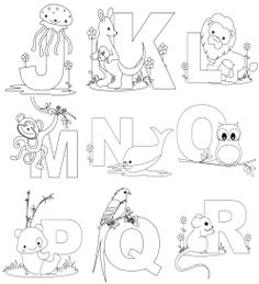 the alphabet with animals and letters coloring pages for kids to print out, including an animal letter