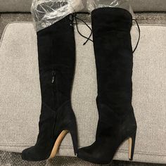 Black Sam Edelman Over The Knee Heeled Boots. Never Worn Before, Still In Wrapping Black High Heel Knee-high Boots, Fitted Black Suede Lace-up Boots, Black Lace-up Boots For Formal Fall Occasions, Black Suede Pointed Toe Platform Boots, Black Suede High Heel Knee-high Boots, Black Suede Knee-high High Heel Boots, Black Suede Knee-high Boots With High Heels, Black Suede Knee-high High-heel Boots, Black Suede Fitted Platform Boots