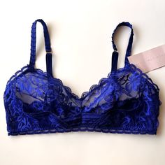 Stella Mccartney Suzie Doting Blue Lace Bra -Brand New With Tag -Model # S21-278 -Size Small -Color: Sapphire -Soft Lace Cups, Unlined; Wireless -Beautifully Detailed With Pleated Straps, Gold-Tone Metal Rings & Sliders -Fiber Content: Cup 86% Polyamide 14% Elastane Wings 87% Polyamide 13% Elastane Centre Cup Frame Lining 100% Polyamide Elegant Blue Summer Bra, Elegant Fitted Blue Bra, Cheap Blue Camisole Intimates, Blue Lace Trim Bra For Summer, Elegant Blue Bra With Lace Trim, Elegant Blue Lace Bra, Blue Stretch Camisole With Built-in Bra, Blue Lace Push-up Bra, Blue Sports Bra With Built-in Bra And Micro-elastic Fit