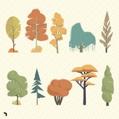 an image of trees with different colors and shapes in the same set, each tree has its own unique shape