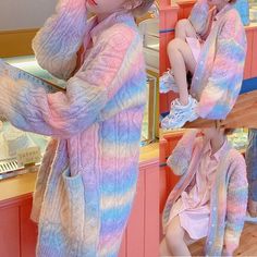 #ad Top Rated Women Rainbow Knitted Cardigan Long Sleeve Button Down Open Front Sweater Coat, Fashion Women's Sweaters Thick Knit Cardigan, Rainbow Cardigan, Winter Plus Size, Rainbow Outfit, Rainbow Sweater, Gothic Clothes, Jacquard Sweater, Clothes Style, Knitted Coat