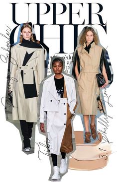 three models in trench coats on the runway