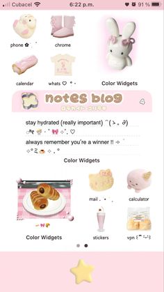 a pink and white website page with different items on the bottom right corner, including an image of a bunny