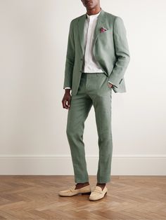 Designed to be worn with the matching jacket, Canali's suit trousers have been tailored in Italy from pure linen. They have slim-straight legs and unfinished hems that can be altered. Mens Wedding Guest Outfit, Wedding Guest Outfit Men, Linen Suit Men, Wedding Guest Suits, Linen Suits For Men, Summer Wedding Suits, Summer Suits Men, Casual Wedding Attire, Formal Men Outfit