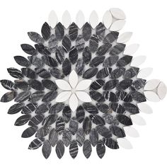 a black and white circular design made up of leaves on a white background with the center surrounded by smaller petals