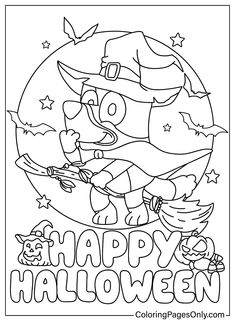 the happy halloween coloring page with an image of a witch and her cat on it