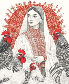 a drawing of a woman surrounded by chickens