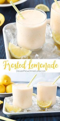 two glasses filled with frosted lemonade sitting on top of ice next to sliced lemons