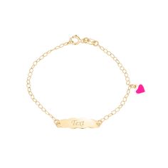 PRICES MAY VARY. ID CHARM BRACELET: 14k yellow gold kids’ ID bracelet featuring an adorable pink heart charm with hand-painted enamel and an ID plate that we will custom engrave for you; great jewelry gift for newborn, infants, babies, toddlers, little girl, child, and kid; 5.5 inches QUALITY ITALY SOLID 14K GOLD: NOT plated; Stamped to authenticate the fineness of the gold; Entirely made in Italy ENGRAVABLE ID PLATE: Every child is unique, and a customized bracelet with an exquisite laser engra Toddler Jewelry, Name Bracelets, Yellow Bracelet, Babies Newborn, Gold Girl, Baby Colors, Id Bracelets, Pink Enamel, Name Bracelet