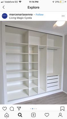 a white closet with lots of shelves and drawers