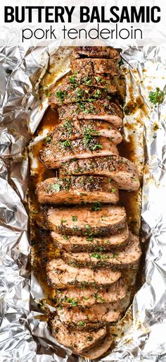 grilled steak with buttery balsamic and parsley on top in foil