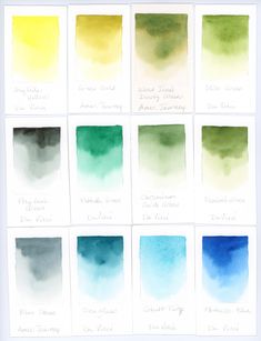 watercolor swatches with different shades of blue, green, yellow and white ink