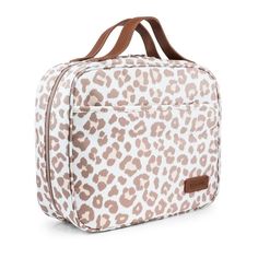 a leopard print lunch bag on a white background