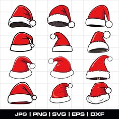 santa claus hats and other christmas decorations on a white background with the text jpo i png 1 svg eps / dxf