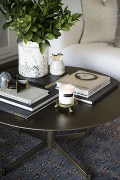 a coffee table topped with books and a vase filled with green plant sitting on top of it