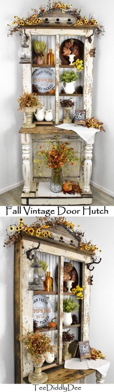 an old hutch is decorated with fall decorations