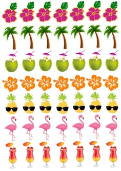 an assortment of tropical flowers and flamingos with sunglasses on the bottom, palm trees in the background