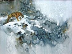 a painting of a tiger walking on top of a snow covered mountain with trees in the background