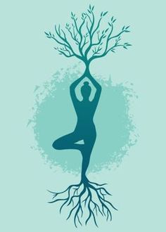 a woman is doing yoga in front of a tree with its roots growing out of it