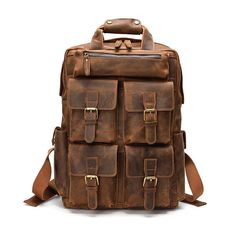 Genuine Leather Travel Office Laptop Backpack – Boho Living Room Leather Satchel Backpack For Outdoor Activities, Brown Large Capacity Leather Backpack For Adventure, Large Capacity Leather Bags For Adventure, Large Capacity Brown Leather Backpack For Adventure, Brown Travel Backpack With Multiple Pockets, Rugged Leather Backpack For Travel, Brown Outdoor Backpack With Multiple Pockets, Rectangular Leather Backpack For Outdoor Activities, Rugged Laptop Bag For Travel