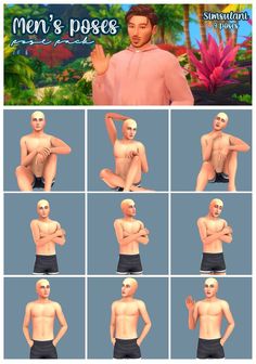 many different poses and expressions for the male character in the game, including his shirtless torso