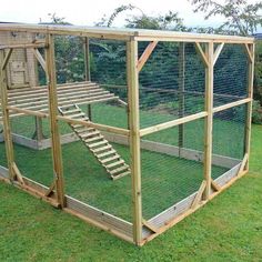 an outdoor chicken coop with stairs to the top and bottom floor, in grassy area