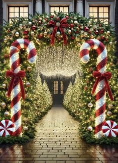 an outdoor christmas display with candy canes and lights