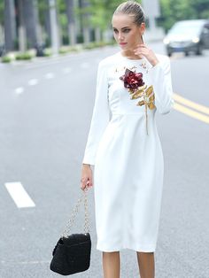 Fall Evening Long Sleeve White Dress, White Long Sleeve Cocktail Dress For Spring, White Long Sleeve Dress For Spring Cocktail, White Embellished Workwear Dress, White Embellished Dress For Work, Spring Long Sleeve Embellished Midi Dress, Spring Embellished Long Sleeve Midi Dress, Slim Long Dress, Side Split Dress