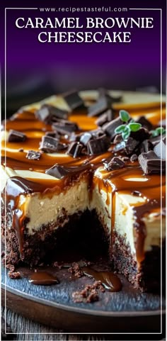 caramel brownie cheesecake on a blue plate