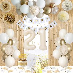 a happy 21st birthday party with balloons and streamers in gold, white and silver colors