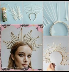 a collage of photos showing how to make a starburst headpiece with hair pins