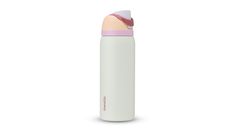 thermos insulated water bottle in white with pink lid is shown against a white background