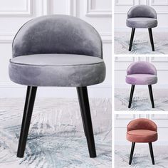 four different colored chairs with black legs