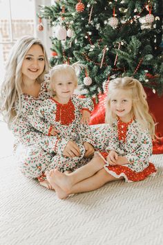 Holly Pattern - Ruffle Buttflap PJs - Sugar Bee Clothing Family Matching Pjs, Christmas Nightgowns, Holly Pattern, Girls Pinafore Dress, Family Photo Cards, Girls Pinafore, Girls Pjs, Newborn Christmas, Family Together