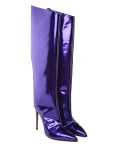 Alexandre Vauthier Alex Patent-leather Boots - Viola Glossy High Heel Party Boots, Glossy Finish High Heel Party Boots, Chic Glossy Finish Boots For Parties, Glossy Party Boots, Evening Patent Leather High Heel Knee-high Boots, Luxury Patent Leather Heeled Boots For Party, Evening High Heel Patent Leather Knee-high Boots, Modern Patent Leather Heeled Boots For Party, Patent Leather High Heel Knee-high Boots For Evening