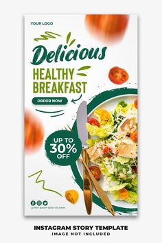 a flyer for a healthy breakfast with salad and fork on the plate, in front of an orange background